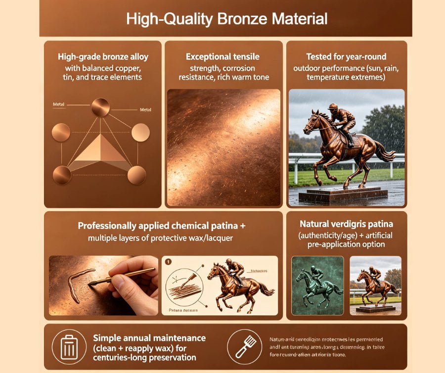 Outdoor bronze racing horse statue showing patina and durability