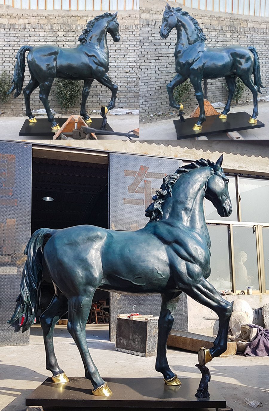 bronze horse sculpture featuring bold musculature and golden hoof accents, displayed in an outdoor and workshop setting.
