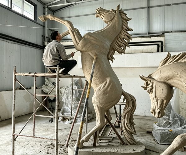 Sculptor hand-modeling a clay horse