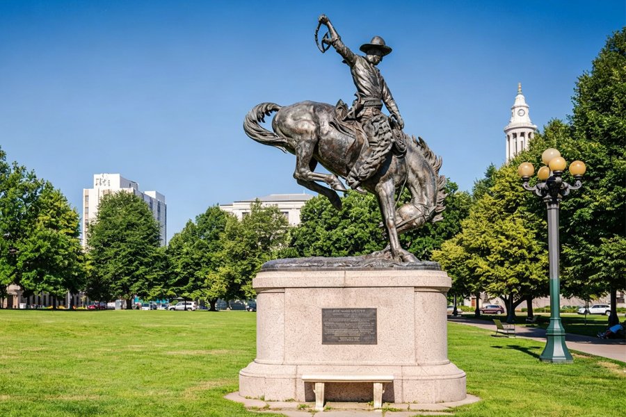 A bronze statue of a cowboy riding a bucking horse on a pedestal, situated in a city park with trees, lamppost, and buildings in the background.