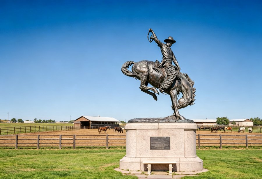 Bronze statue of a cowboy riding a rearing horse on a stone pedestal, with barns, horses, and pastures visible in the background.