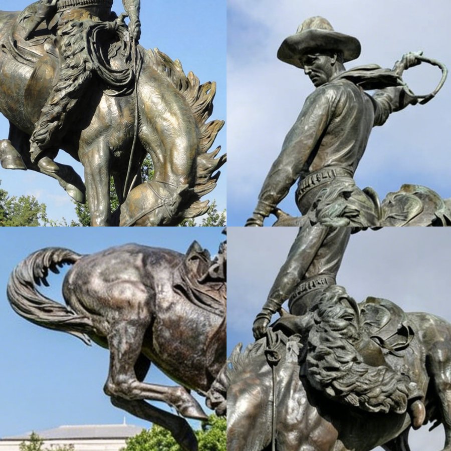 Close-up of a bronze statue featuring a cowboy on a rearing horse, showcasing intricate details of the horse's mane and rider's attire.
