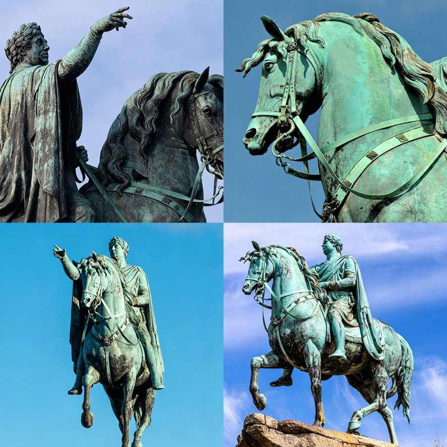 Collage of a bronze equestrian statue featuring detailed views of the rider and horse, highlighting craftsmanship and patina.