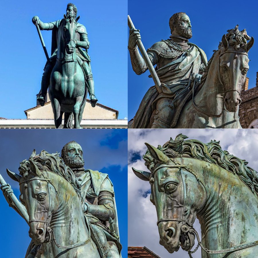 A collage showing four bronze equestrian sculptures featuring riders in historical attire, each mounted on beautifully detailed horses.