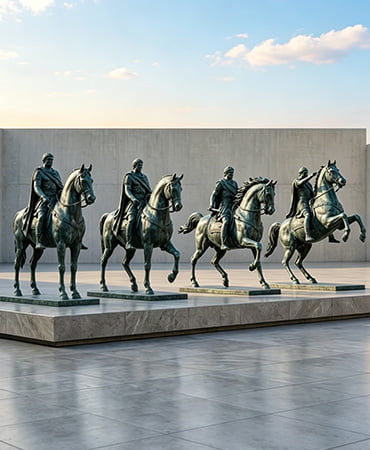 Four bronze horse sculptures in different poses: standing, rearing, galloping, and walking