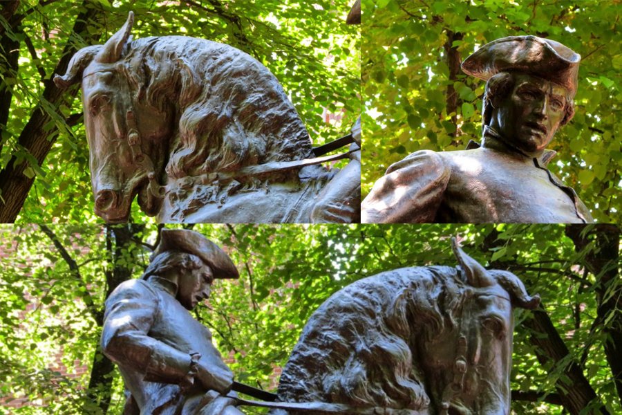 Close-up views of a bronze equestrian statue featuring detailed horse and rider designs, set against green leafy trees.