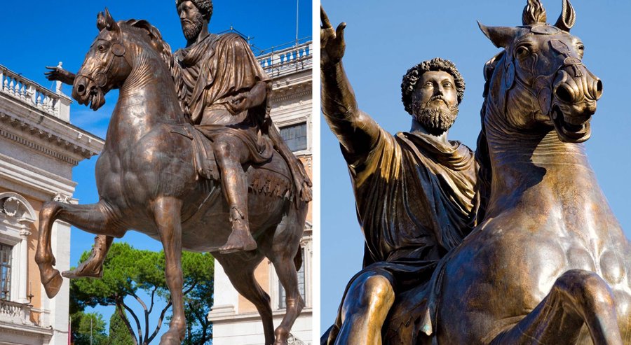 A bronze equestrian statue depicting a historical figure on horseback with intricate details of the horse and rider. A close-up highlights the craftsmanship.