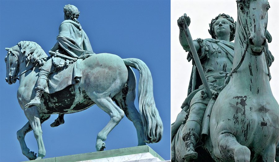 Two views of a bronze equestrian statue featuring a mounted figure with detailed horse anatomy and regal attire; historical and artistic craftsmanship emphasized.