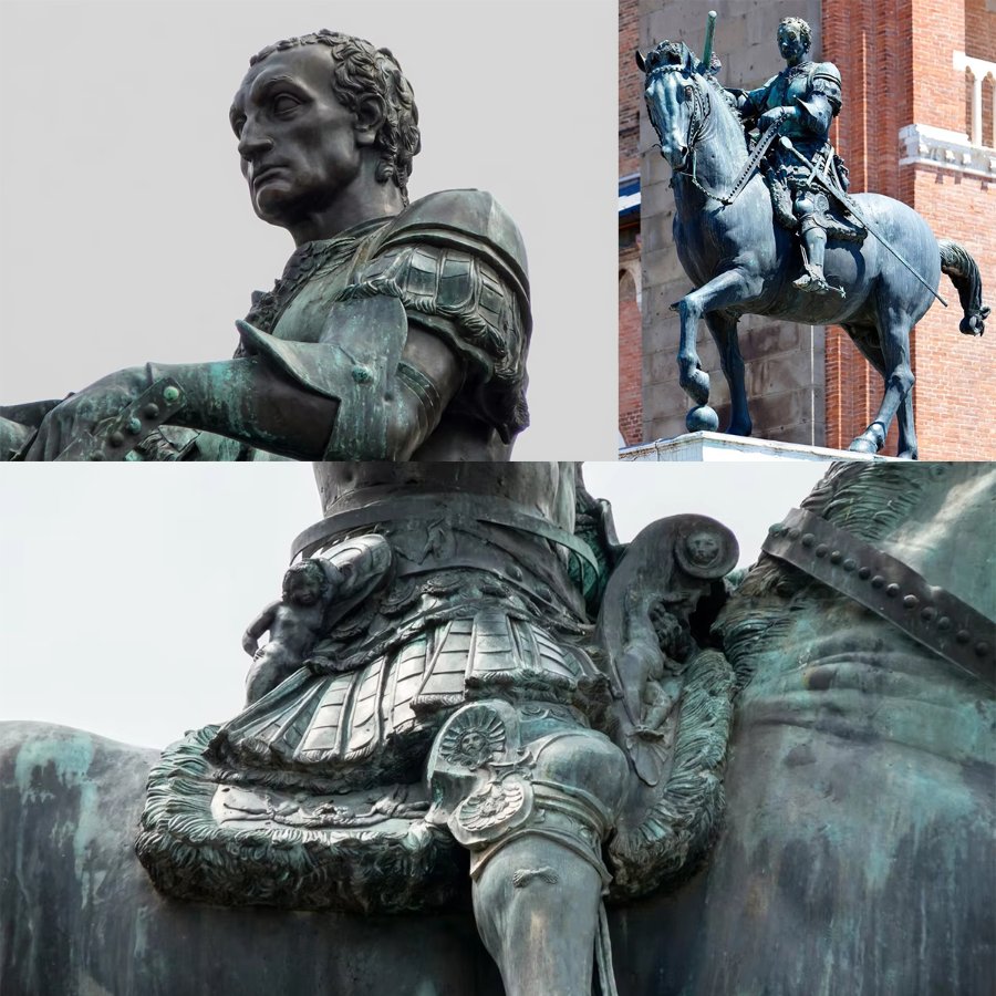 Bronze equestrian statue featuring a mounted warrior in armor, detailed close-ups of the armor and horse adornments, and a side view with an architectural backdrop.