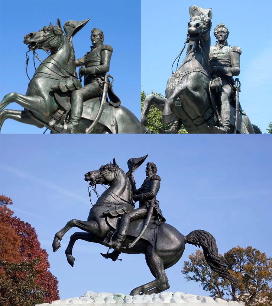 A bronze equestrian statue depicting a rider on a rearing horse, captured from multiple angles, set against a clear blue sky.