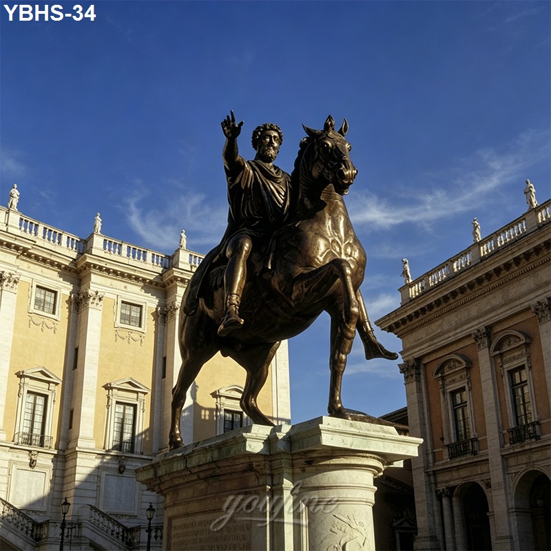 Bronze equestrian statue on a pedestal, depicting a figure raising a hand, surrounded by historical buildings and a blue sky.