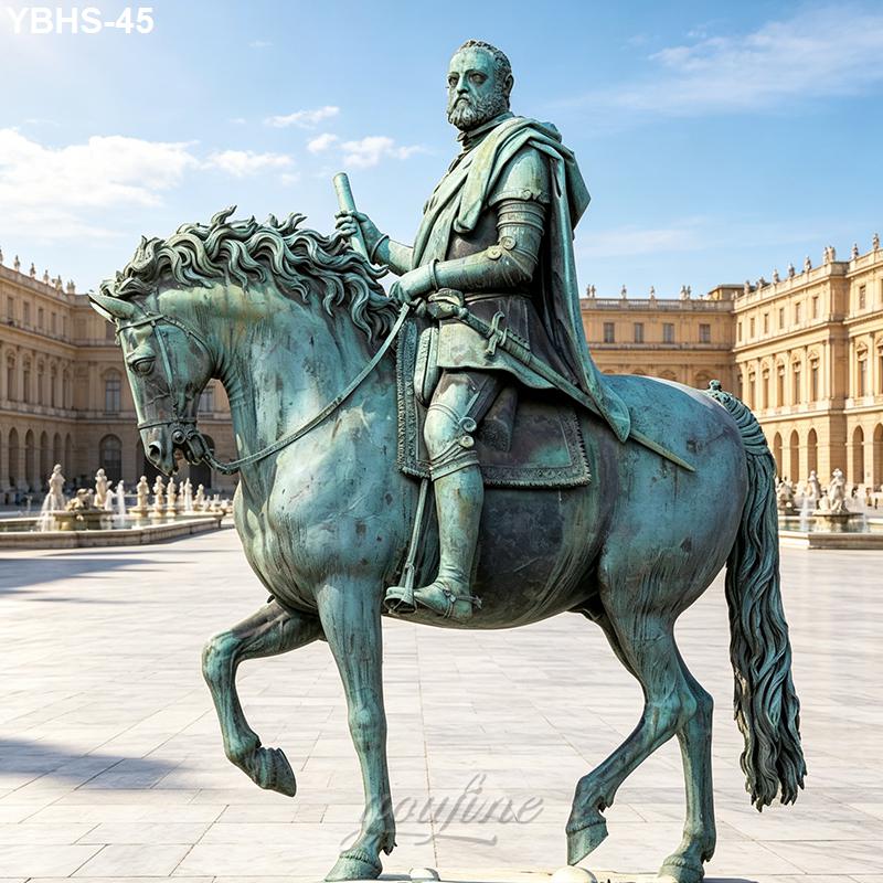 A detailed bronze equestrian statue of a mounted figure holding a scepter, situated in a grand palace courtyard with fountains and ornate architecture in the background.