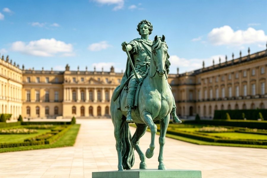 Bronze equestrian statue of a historical figure in front of a grand palace with an expansive courtyard and manicured gardens.