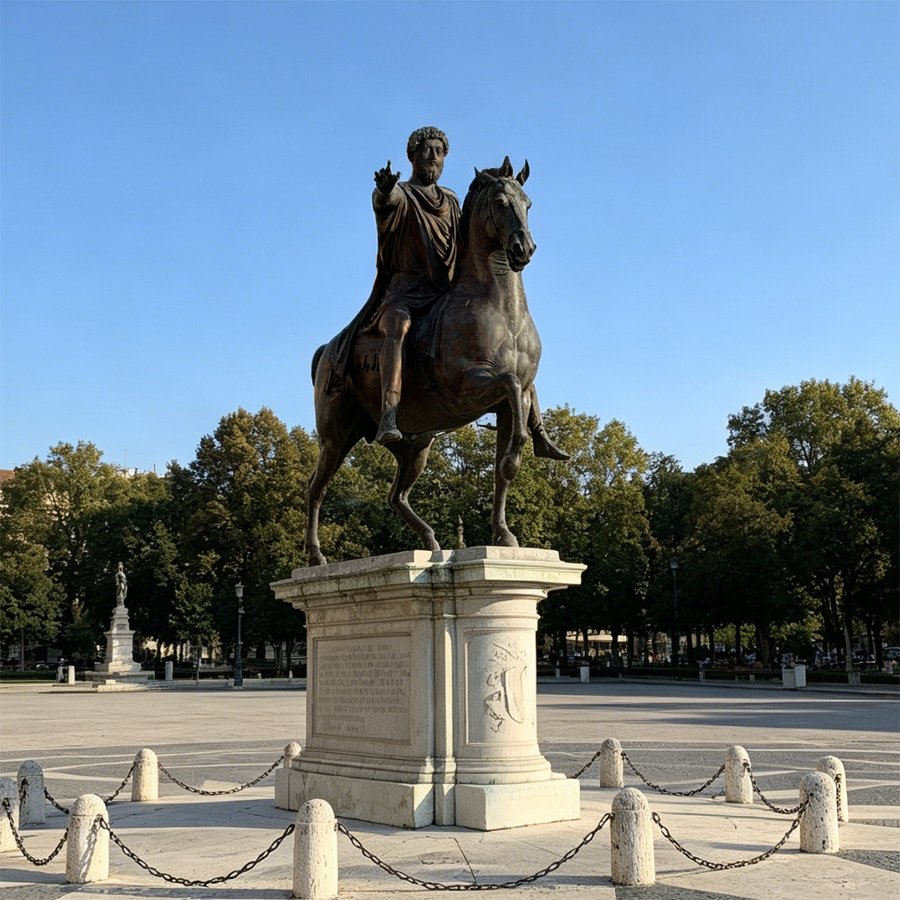 A bronze equestrian statue of a historical figure on a stone pedestal, surrounded by chains and bollards in a paved city plaza.
