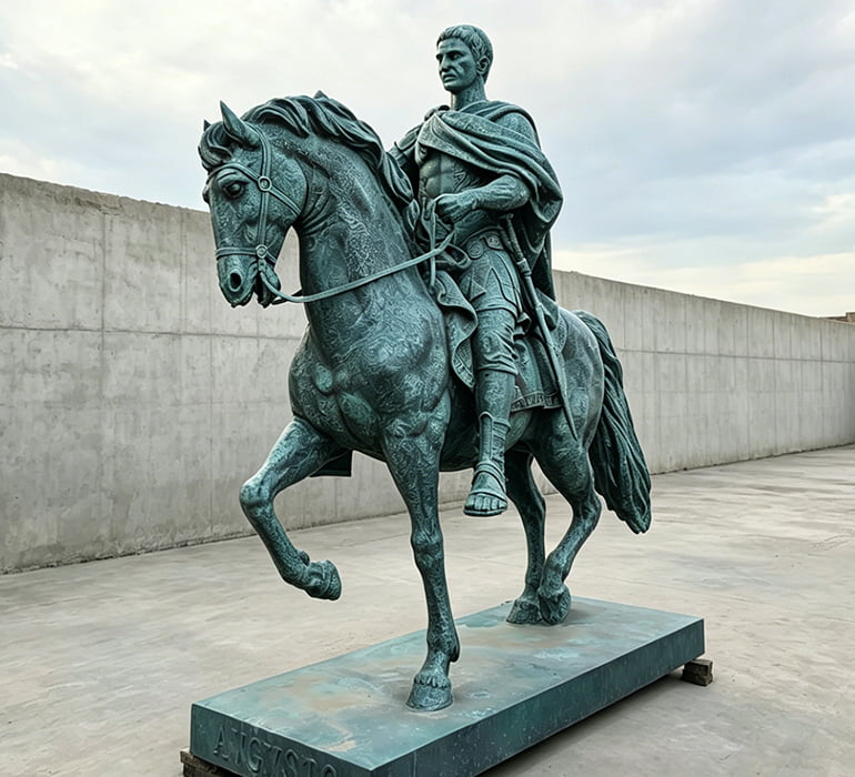 Close-up of bronze horse musculature and anatomical detail showing leg tendons and muscle definition