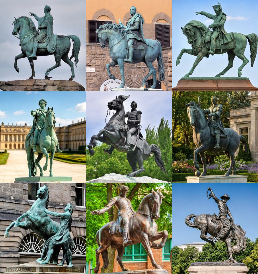 A grid showing nine bronze equestrian statues, each depicting riders on horseback in various poses and historical attire.