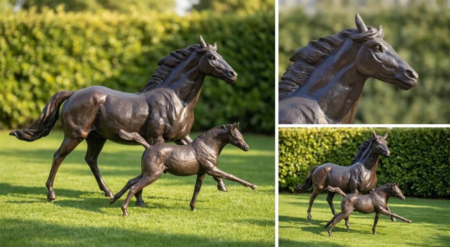 Bronze sculpture of a horse and foal galloping on a lush green lawn with a hedge backdrop, emphasizing strength and grace.
