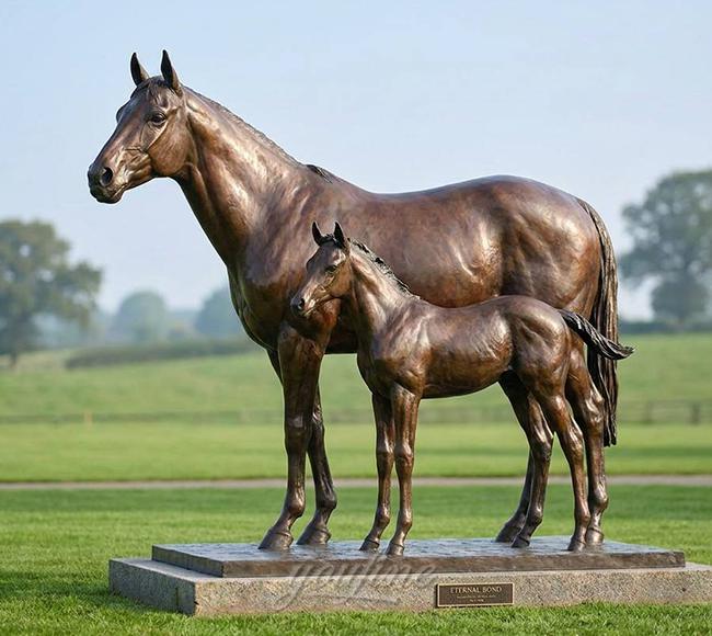 Custom portrait bronze sculpture of a mare and foal at a Texas ranch property, warm brown bronze finish