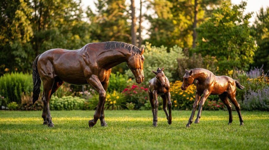 Elegant bronze sculptures of a horse and two foals displayed in a lush garden with colorful flowers and greenery on a sunny day.