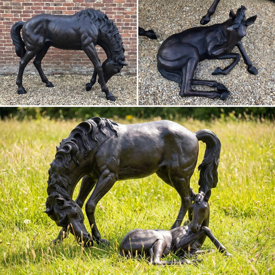 Bronze sculptures of a horse grazing and a foal resting; intricate detail with realistic anatomy, outdoors on grass and gravel.