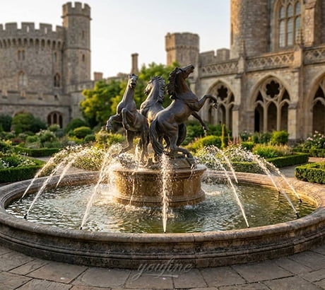 Bronze horse fountain at a castle entrance