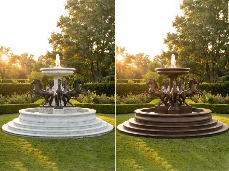 Stone, marble, and bronze fountain basin styles