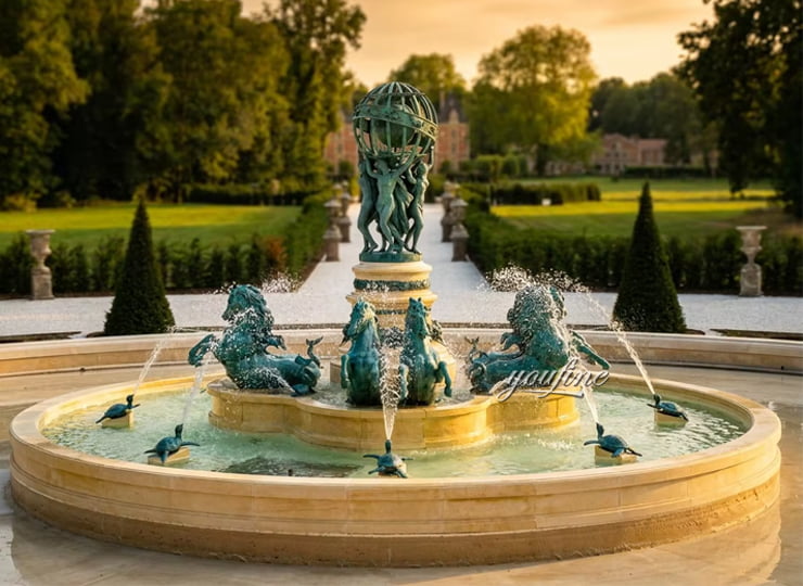 bronze horse fountain with cascading water
