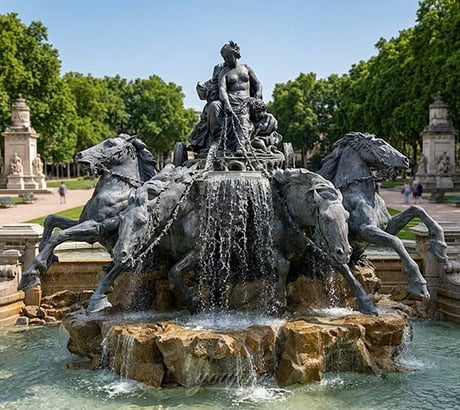 Bronze horse fountain in a public park