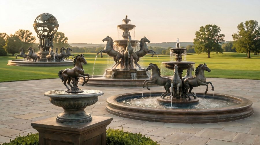 Bronze horse sculptures shown at varying sizes and scales