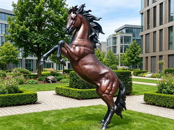 A bronze rearing horse statue placed in the garden