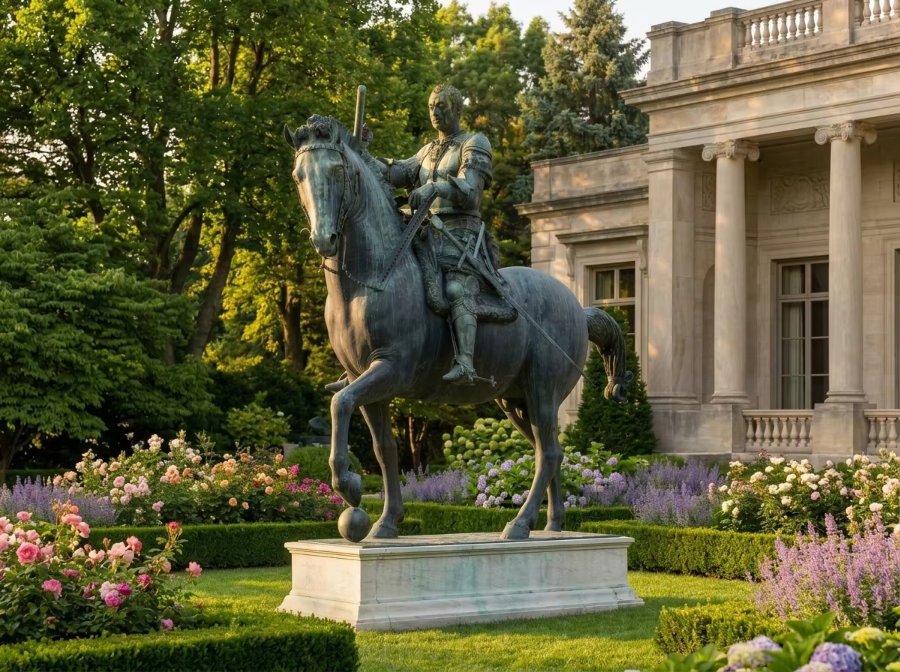 Bronze statue of a horse and rider displayed in a manicured garden with colorful flowers and hedges near a classical mansion.