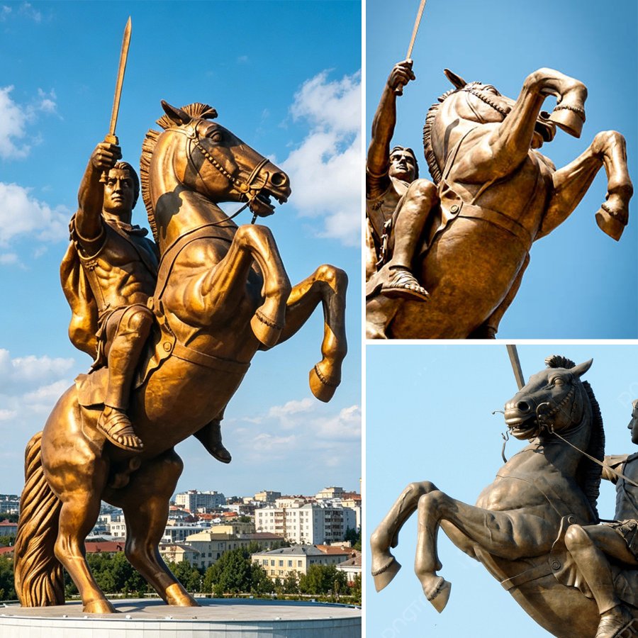 Majestic bronze sculpture of a rider on a rearing horse wielding a sword, set against a blue sky and urban backdrop.