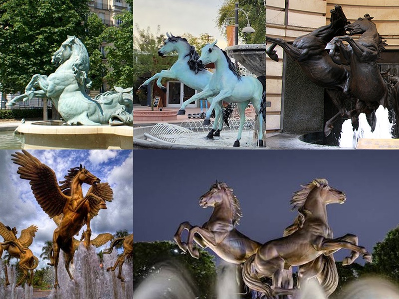 Bronze horses in rearing, standing, and racing poses