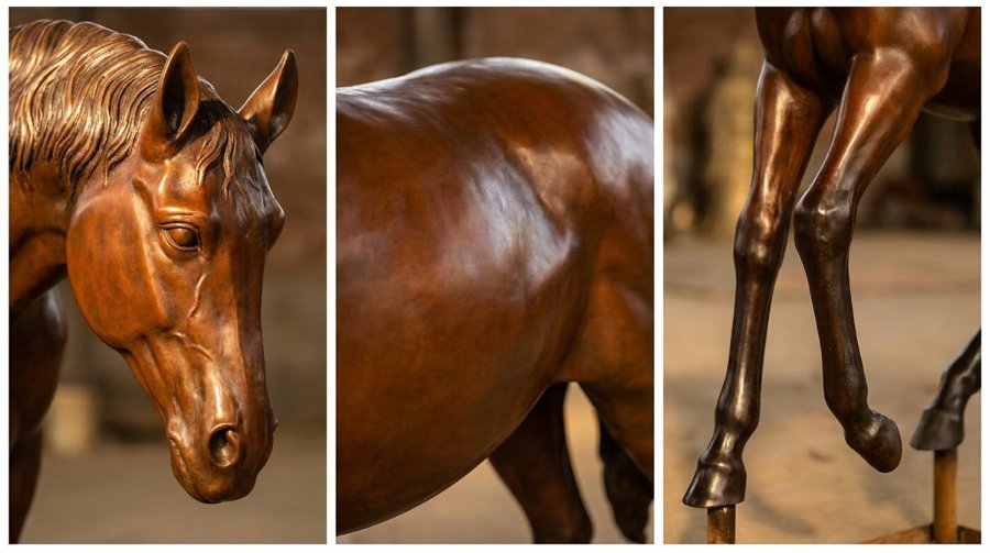 A bronze horse statue focusing on its head, body, and legs, showcasing its lifelike features and craftsmanship.