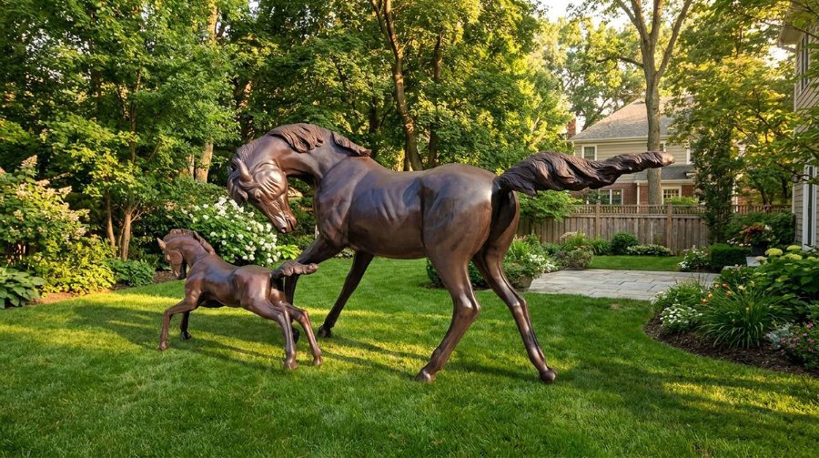 A mare and foal bronze horse sculptures in a lush garden surrounded by greenery and a paved patio near a house.