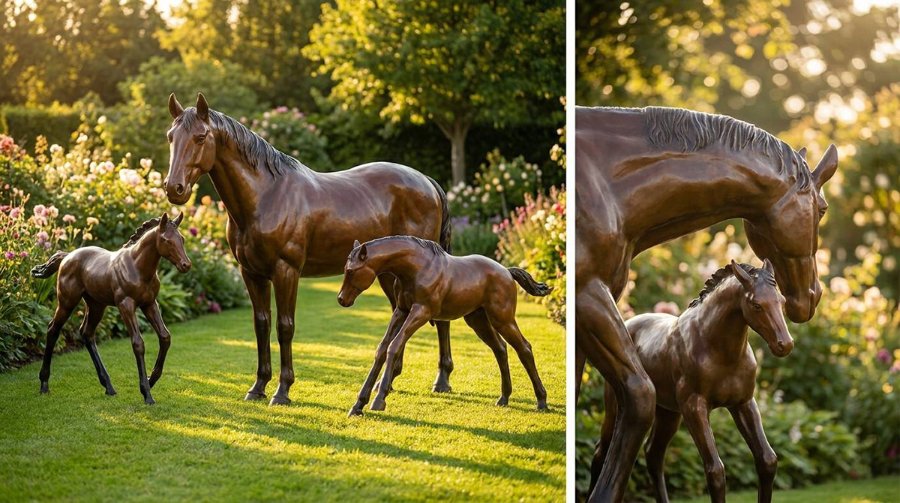 Life-size bronze sculptures of a horse and two foals standing on lush green grass surrounded by blooming flowers and trees in a garden.