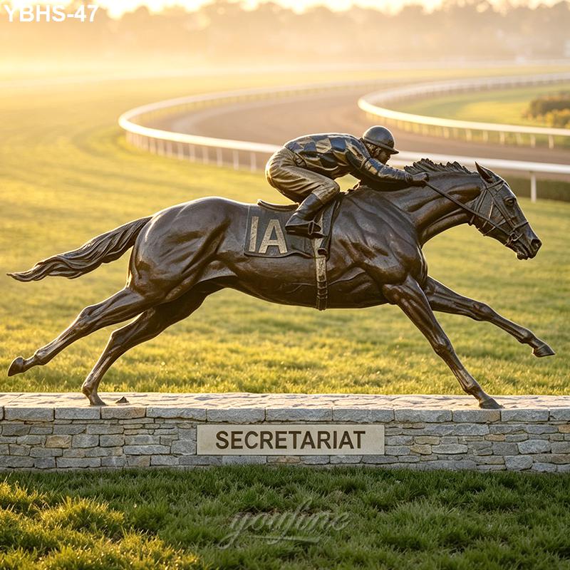 A bronze statue of Secretariat with a jockey in racing position, positioned on a stone pedestal inscribed 'Secretariat' near a racetrack.