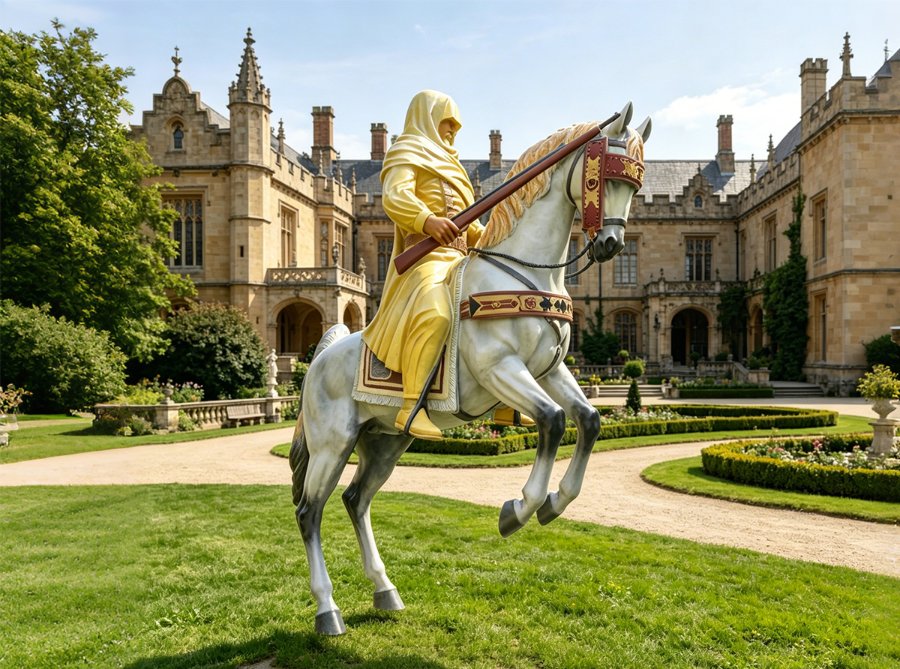 Elegant bronze horse statue depicting a rider in golden robes atop a rearing silver horse, situated in a castle garden landscape.
