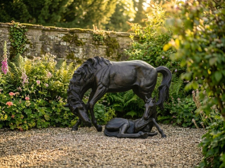 A bronze horse sculpture depicting a mare and her foal in a lush, landscaped garden with flowers, ferns, and a stone wall.