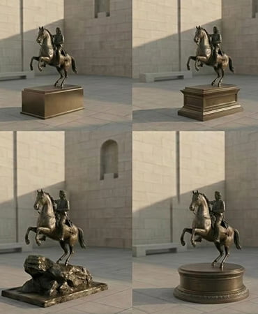 Different bronze sculpture base and plinth styles including stone, granite, and custom pedestals