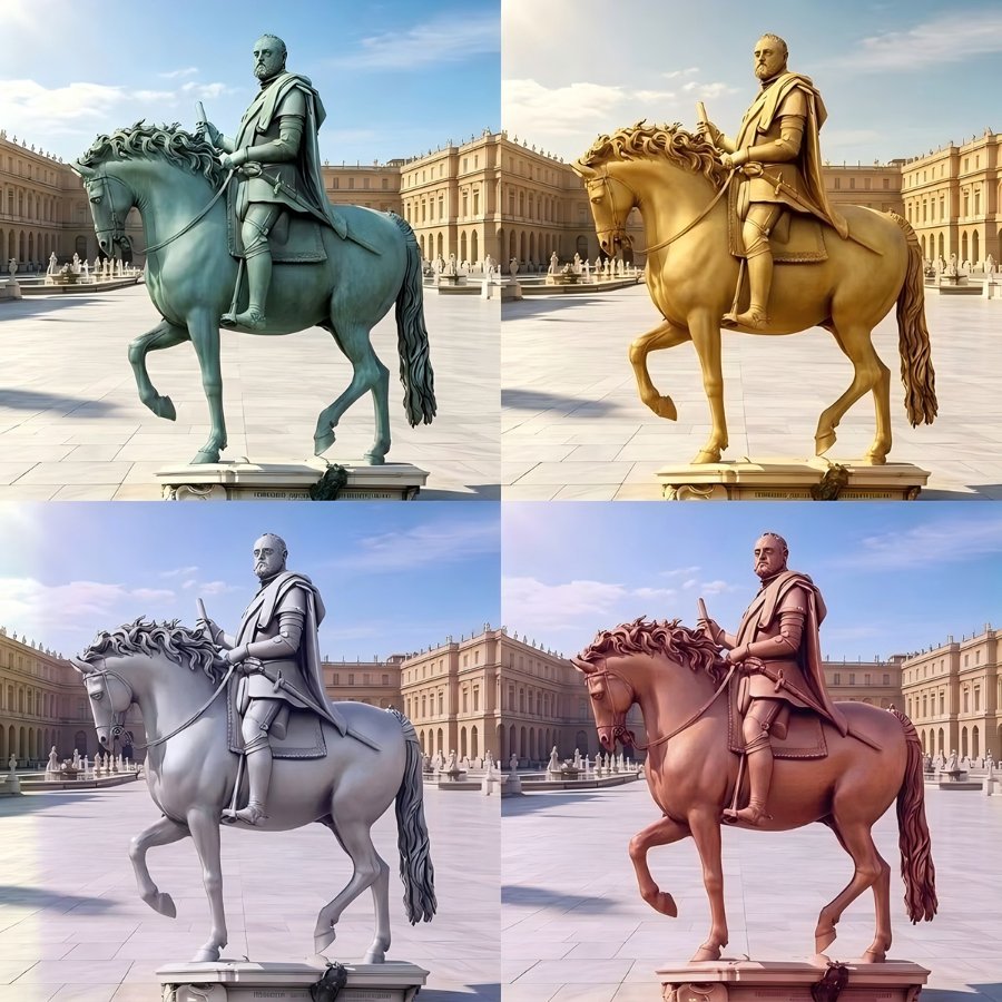 Four variations of a bronze equestrian statue featuring a rider on horseback, set against a majestic building and open courtyard.