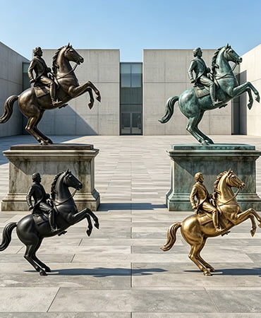 Bronze horse sculpture surface showing different patina finishes: antique bronze, green, black, and gold