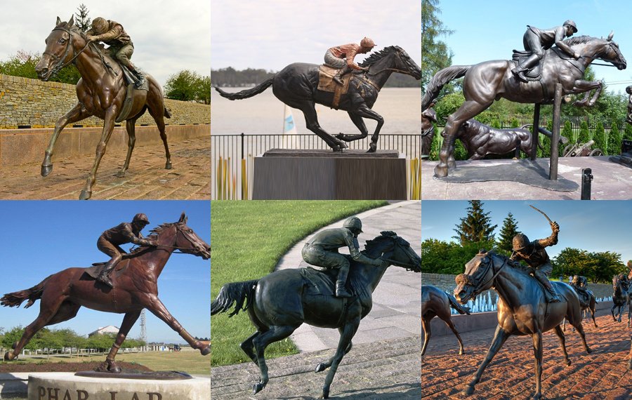 Six distinct bronze horse statues showcasing different equestrian themes, riders, and dynamic poses in various outdoor landscapes.