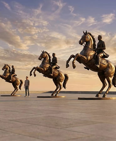 Size comparison showing bronze horse sculptures from tabletop 60cm to monumental 300cm plaza scale
