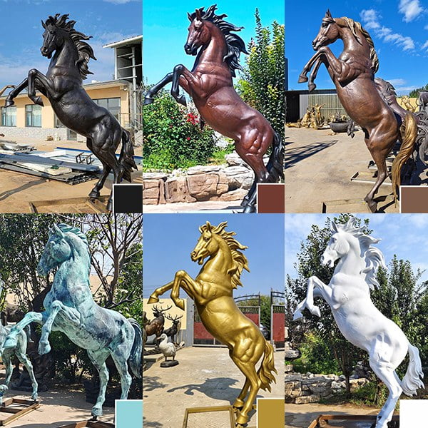 Torch-applied patina coloring on bronze horse surface