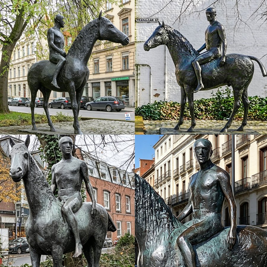A collage of bronze sculptures showing a person riding a horse, placed outdoors in urban environments with architectural backdrops.