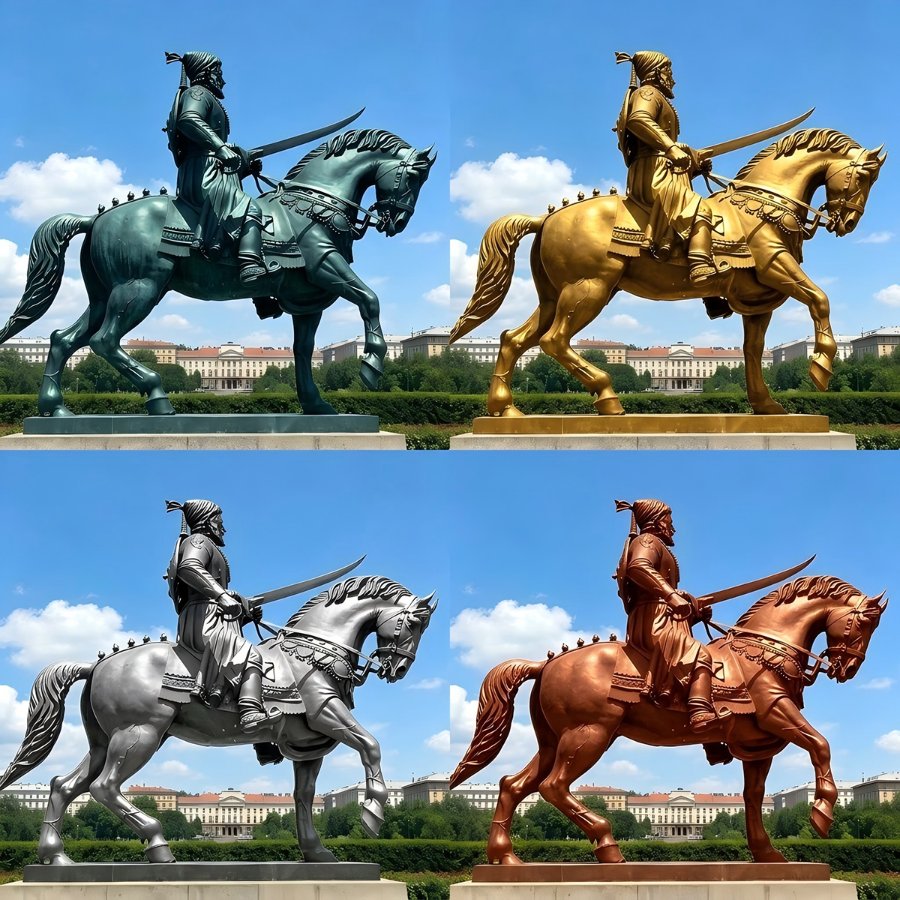 A majestic equestrian statue displayed in four metallic finishes: bronze, gold, silver, and patina green, against a blue sky backdrop.
