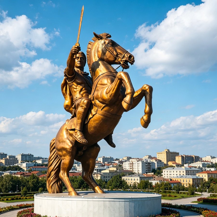 Bronze equestrian statue of a rider holding a sword aloft on a rearing horse, set against a cityscape and blue sky with clouds.
