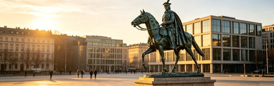 Monumental bronze horse statue standing in golden hour light on an estate lawn