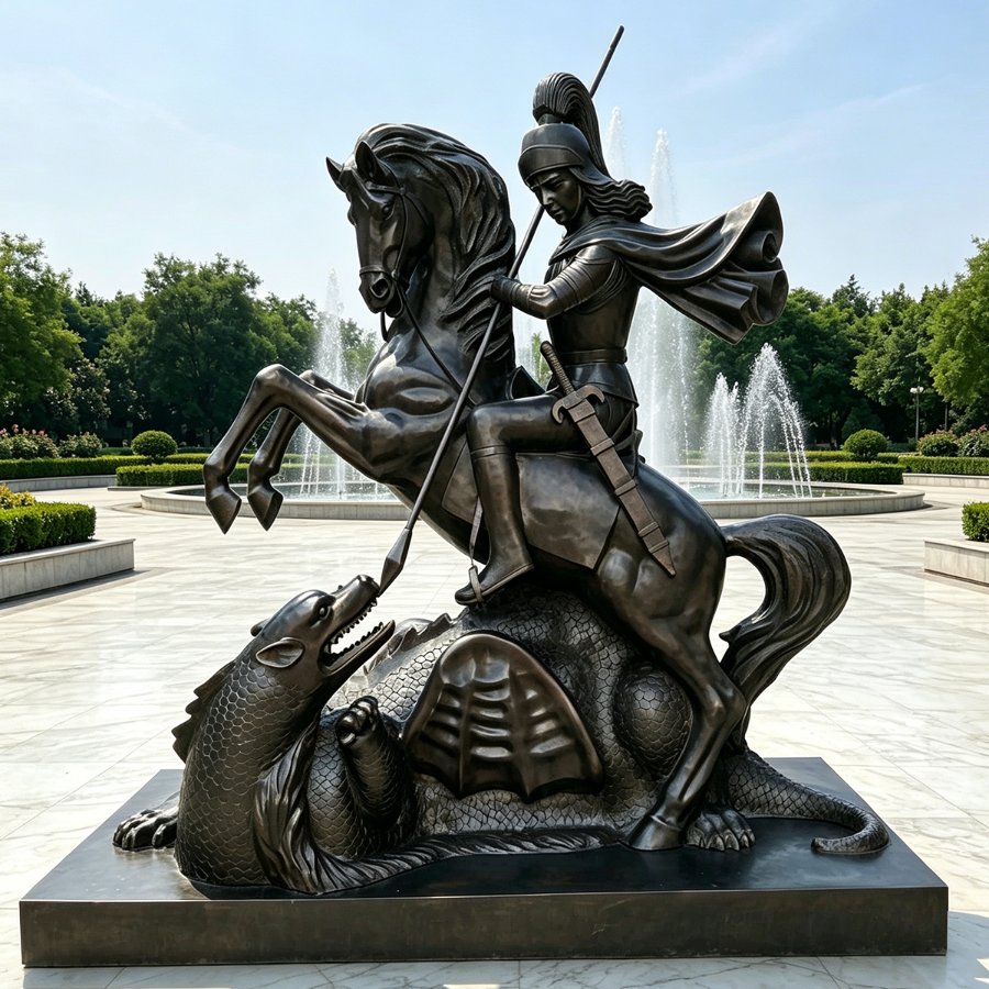Bronze sculpture of a knight on a rearing horse slaying a dragon with a spear, set against a fountain and landscaped garden.